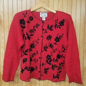 Vintage Heirloom Collectibles Red Beaded Floral Cardigan Sweater M Cottagecore